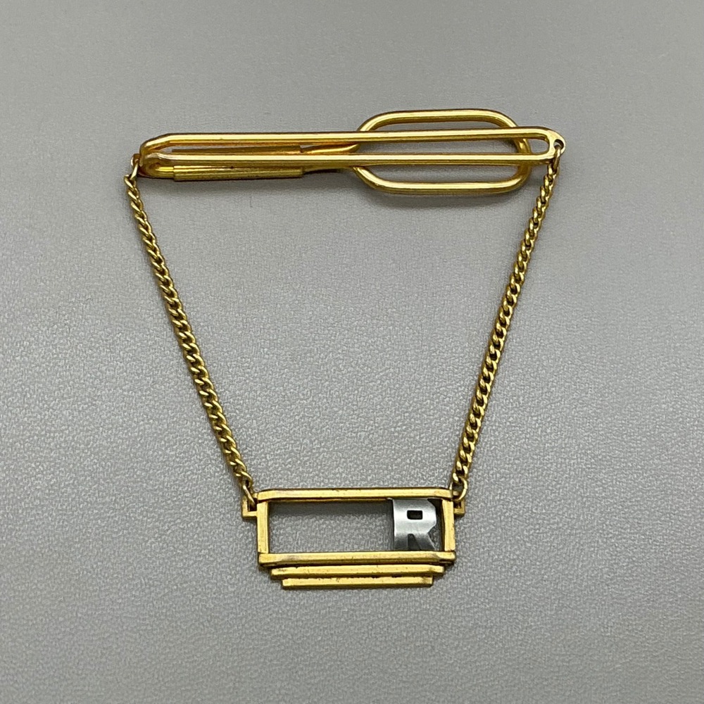 Swank Tie Clip Vintage Gold Tone Initial R Letter Charm Safety Chain Tie Bar